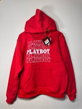 PLAYBOY Red Crewneck Hoodie with Stacked Logo
